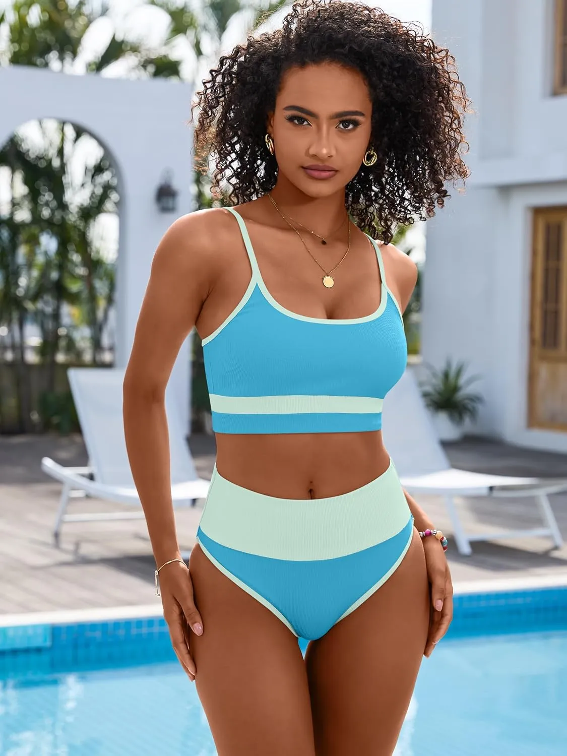 ANRABESS Bikini Sets for Women 2 Piece High Waisted Tummy Control Color Block Summer Beach Swimsuit Ribbed Swim Bathing Suit