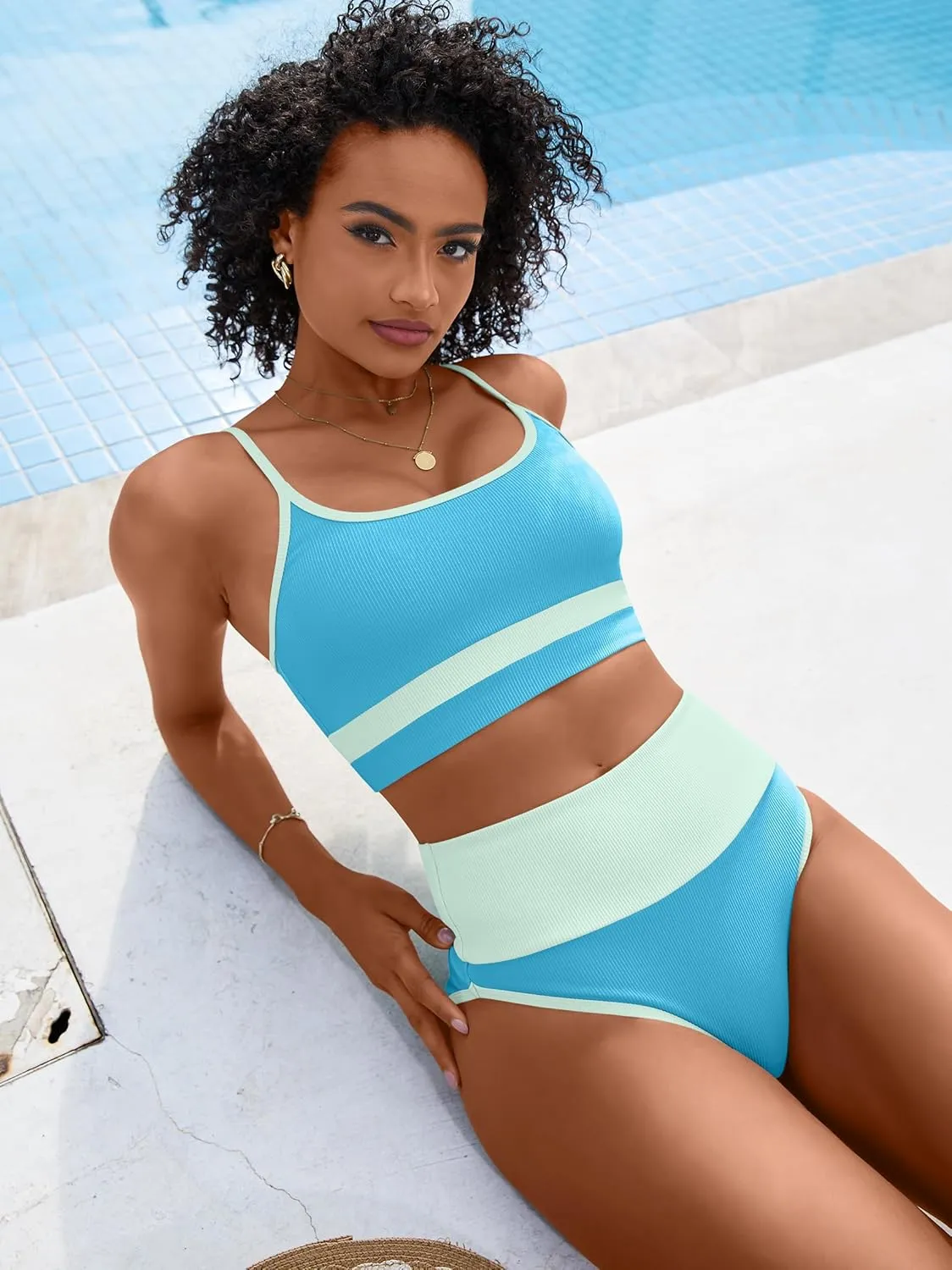 ANRABESS Bikini Sets for Women 2 Piece High Waisted Tummy Control Color Block Summer Beach Swimsuit Ribbed Swim Bathing Suit