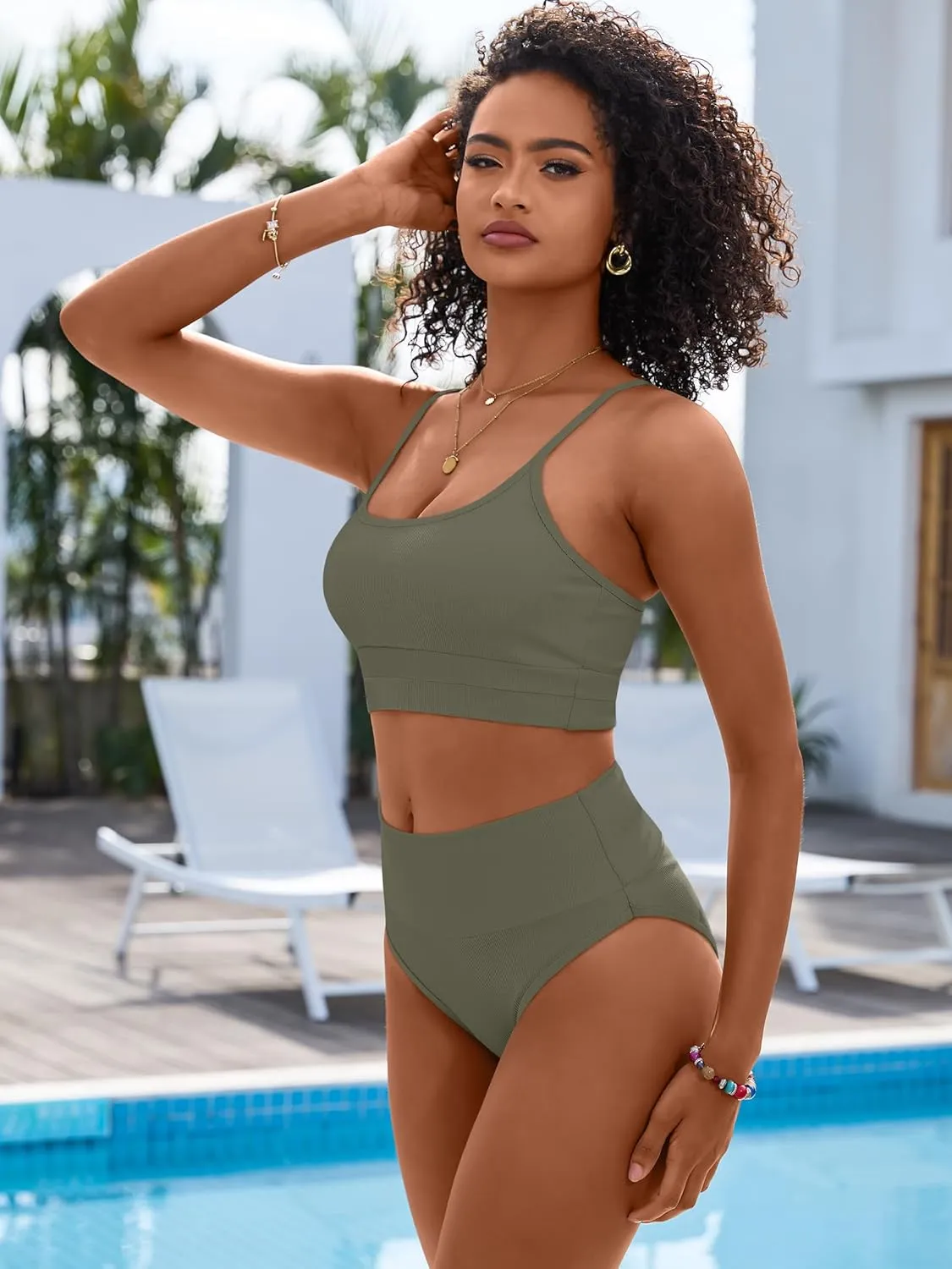 ANRABESS Bikini Sets for Women 2 Piece High Waisted Tummy Control Color Block Summer Beach Swimsuit Ribbed Swim Bathing Suit