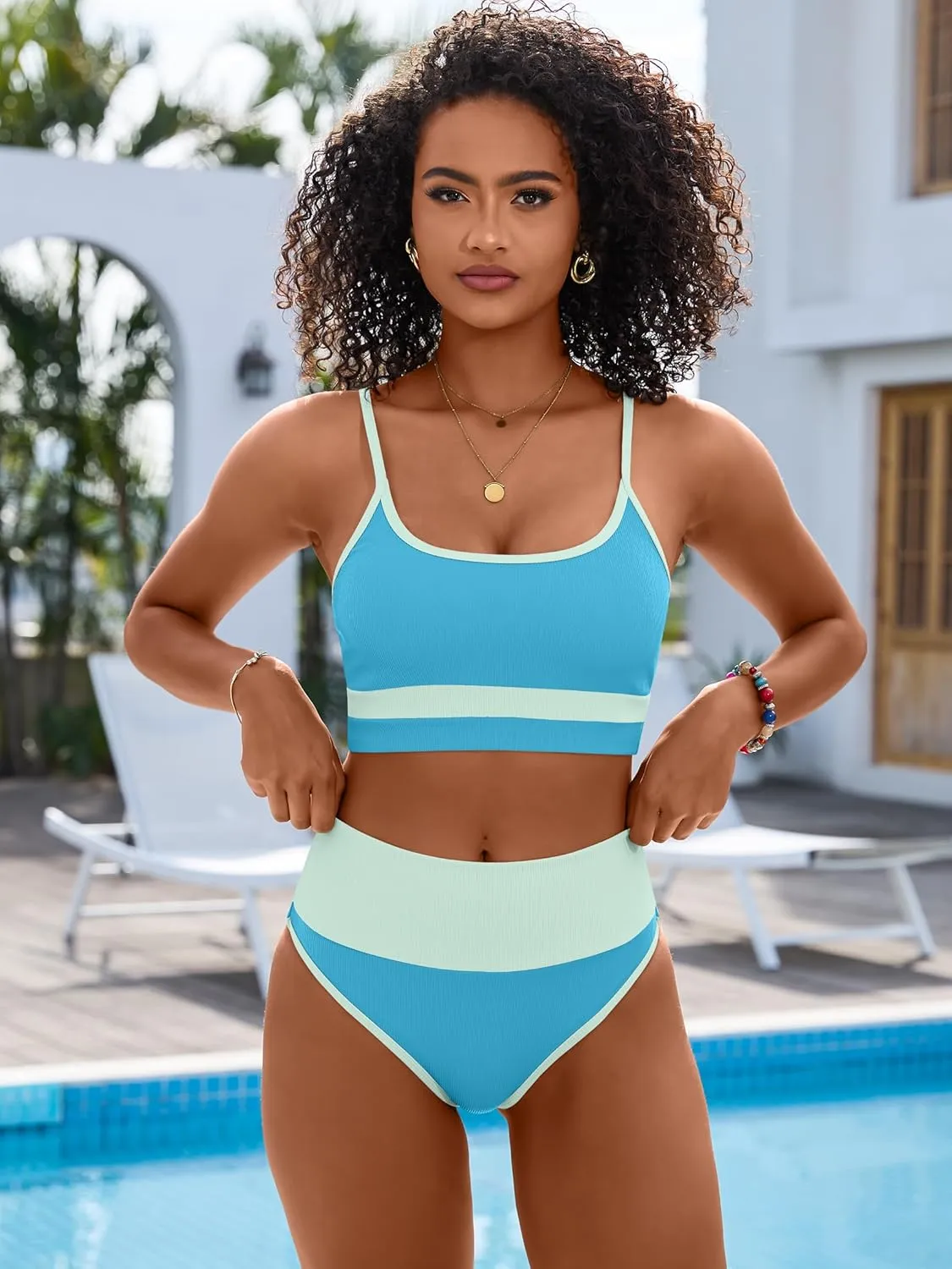 ANRABESS Bikini Sets for Women 2 Piece High Waisted Tummy Control Color Block Summer Beach Swimsuit Ribbed Swim Bathing Suit