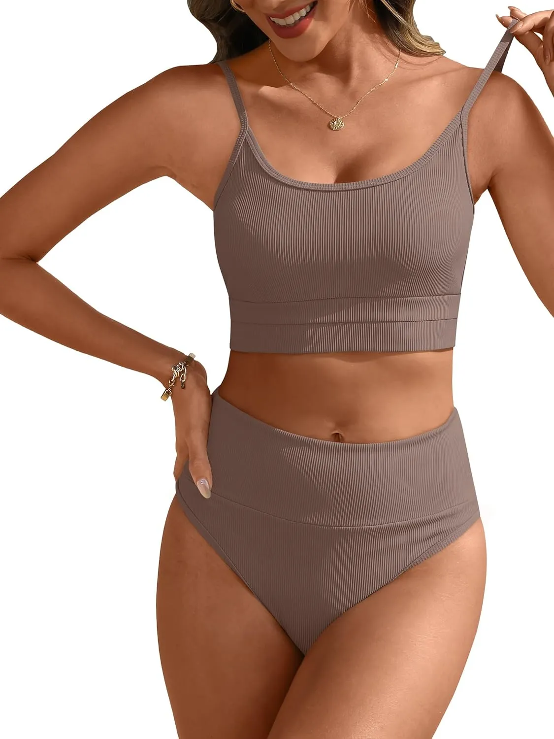 ANRABESS Bikini Sets for Women 2 Piece High Waisted Tummy Control Color Block Summer Beach Swimsuit Ribbed Swim Bathing Suit
