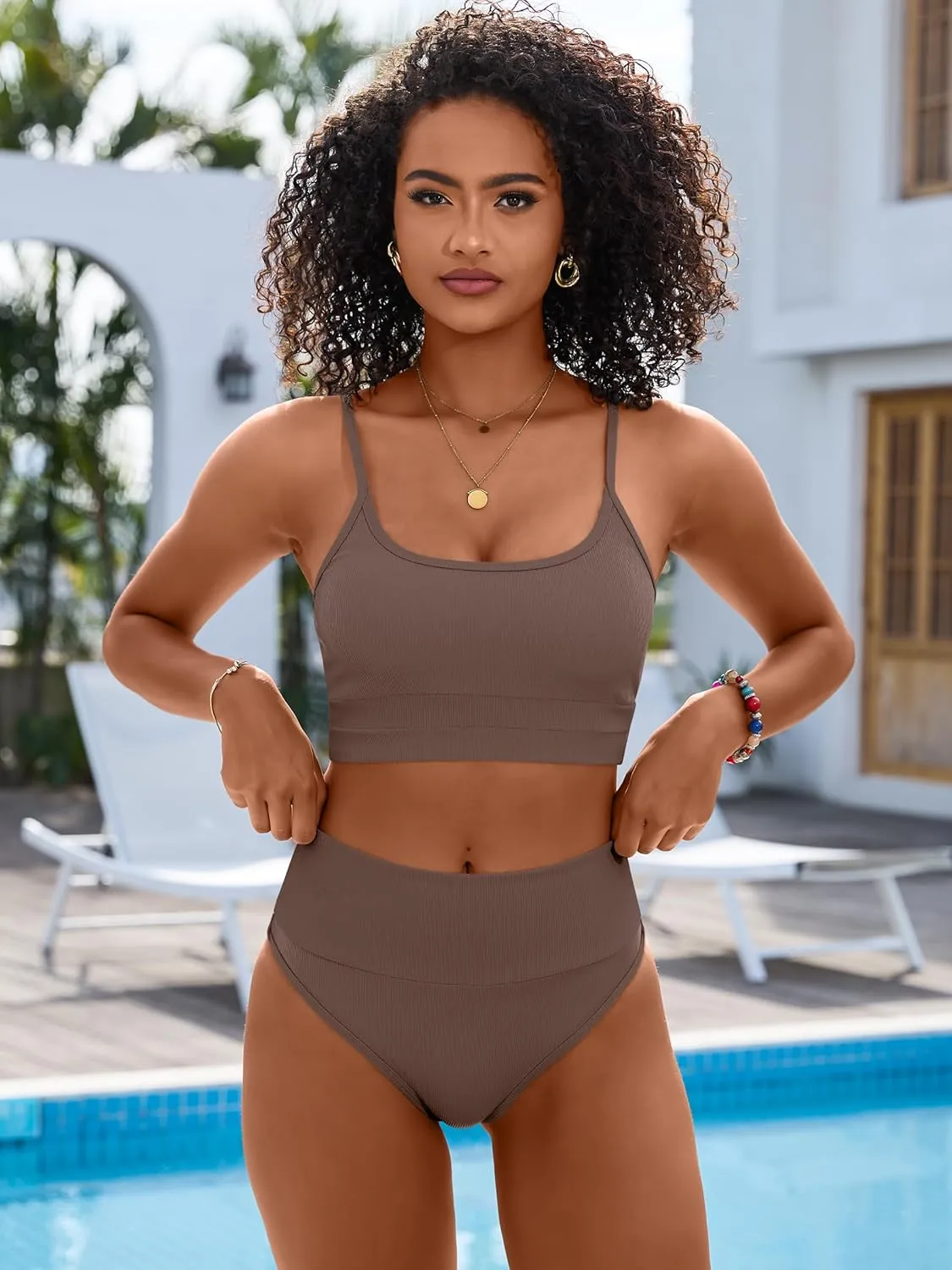 ANRABESS Bikini Sets for Women 2 Piece High Waisted Tummy Control Color Block Summer Beach Swimsuit Ribbed Swim Bathing Suit