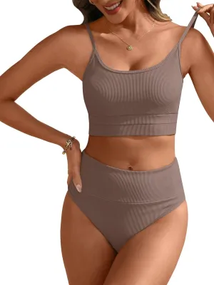 ANRABESS Bikini Sets for Women 2 Piece High Waisted Tummy Control Color Block Summer Beach Swimsuit Ribbed Swim Bathing Suit