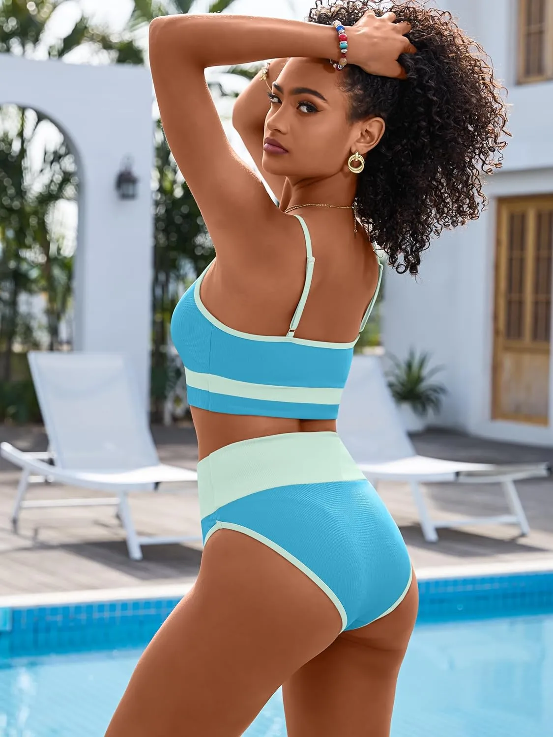 ANRABESS Bikini Sets for Women 2 Piece High Waisted Tummy Control Color Block Summer Beach Swimsuit Ribbed Swim Bathing Suit