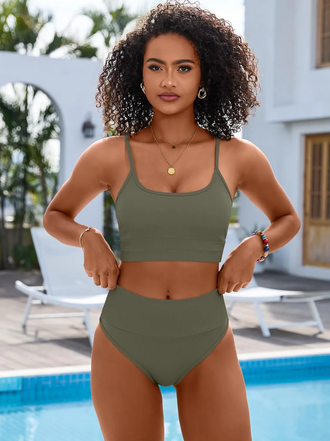 ANRABESS Bikini Sets for Women 2 Piece High Waisted Tummy Control Color Block Summer Beach Swimsuit Ribbed Swim Bathing Suit