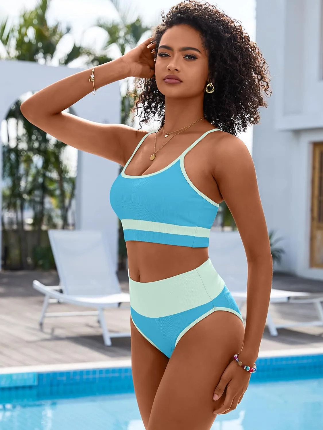 ANRABESS Bikini Sets for Women 2 Piece High Waisted Tummy Control Color Block Summer Beach Swimsuit Ribbed Swim Bathing Suit