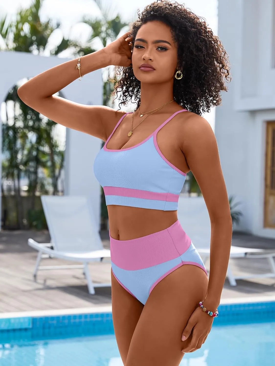 ANRABESS Women High Waisted Bikini Sets Color Block Summer Beach Vacation 2 Piece Bathing Suit Tummy Control Ribbed Swimsuit