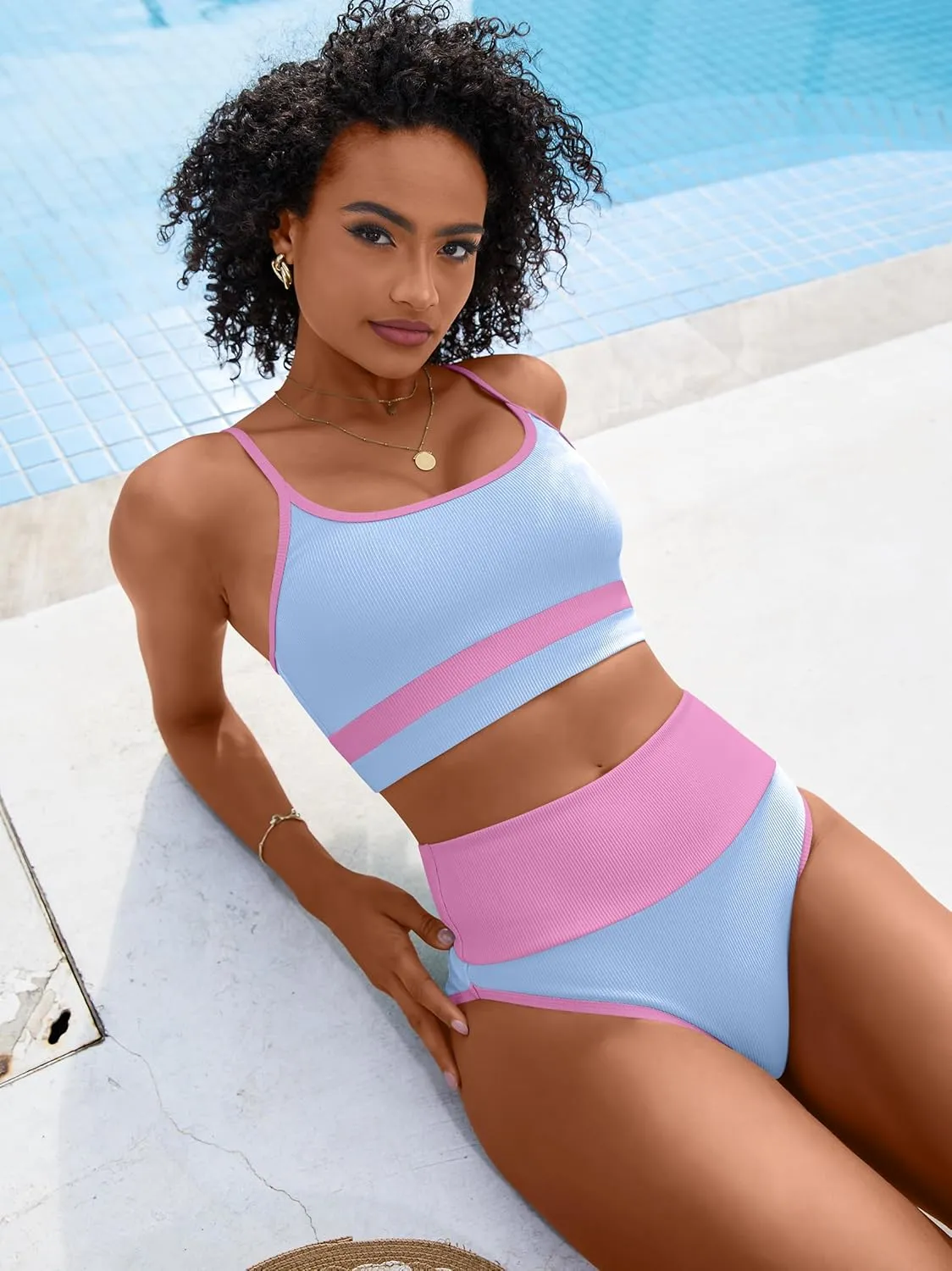 ANRABESS Women High Waisted Bikini Sets Color Block Summer Beach Vacation 2 Piece Bathing Suit Tummy Control Ribbed Swimsuit