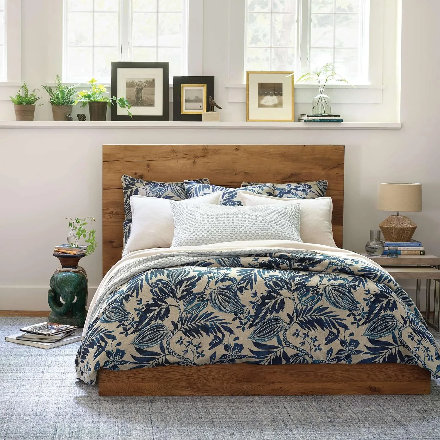 Antigua Linen Duvet Cover, King Size, Blue Floral Pattern
