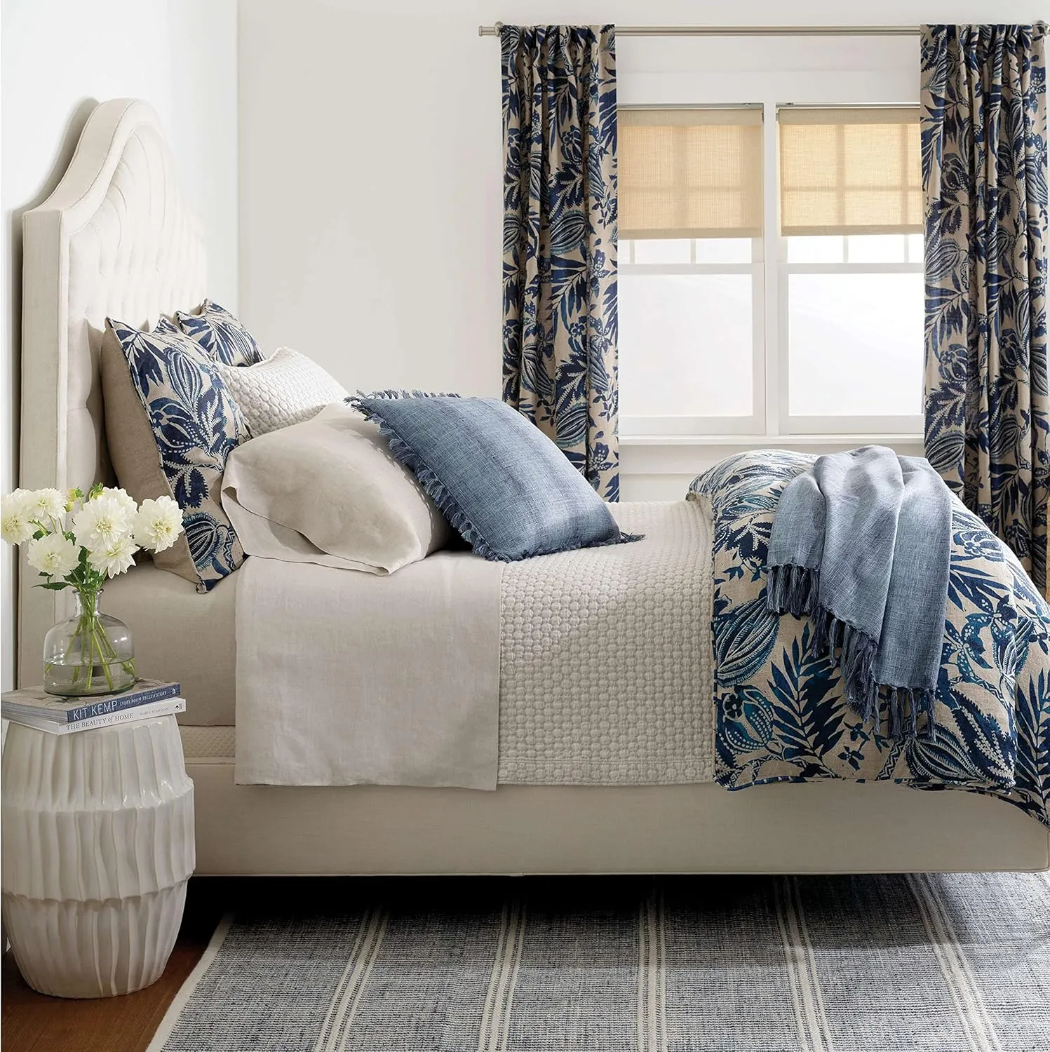 Antigua Linen Duvet Cover, King Size, Blue Floral Pattern