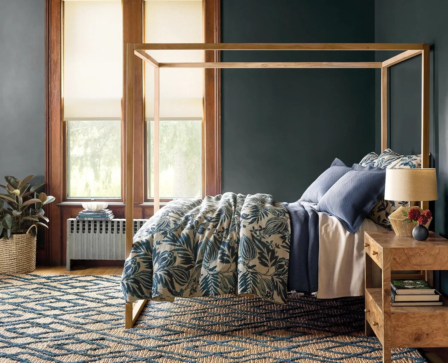 Antigua Linen Duvet Cover, King Size, Blue Floral Pattern