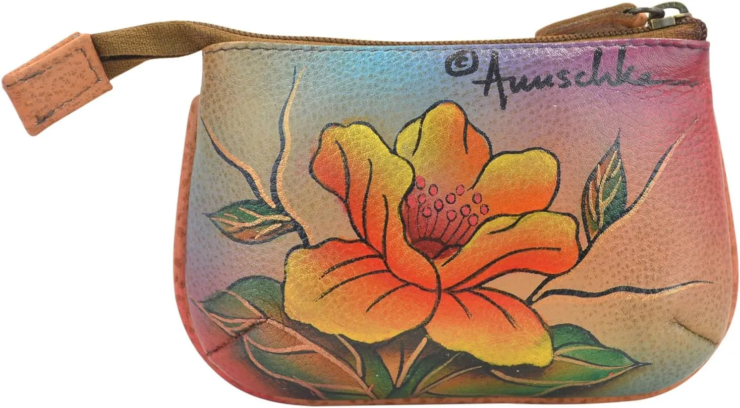 Anuschka Women’s Hand-Painted Genuine Leather Medium Zip Pouch - Coin and Key Pouch - Zippered, 2 Key Fobs