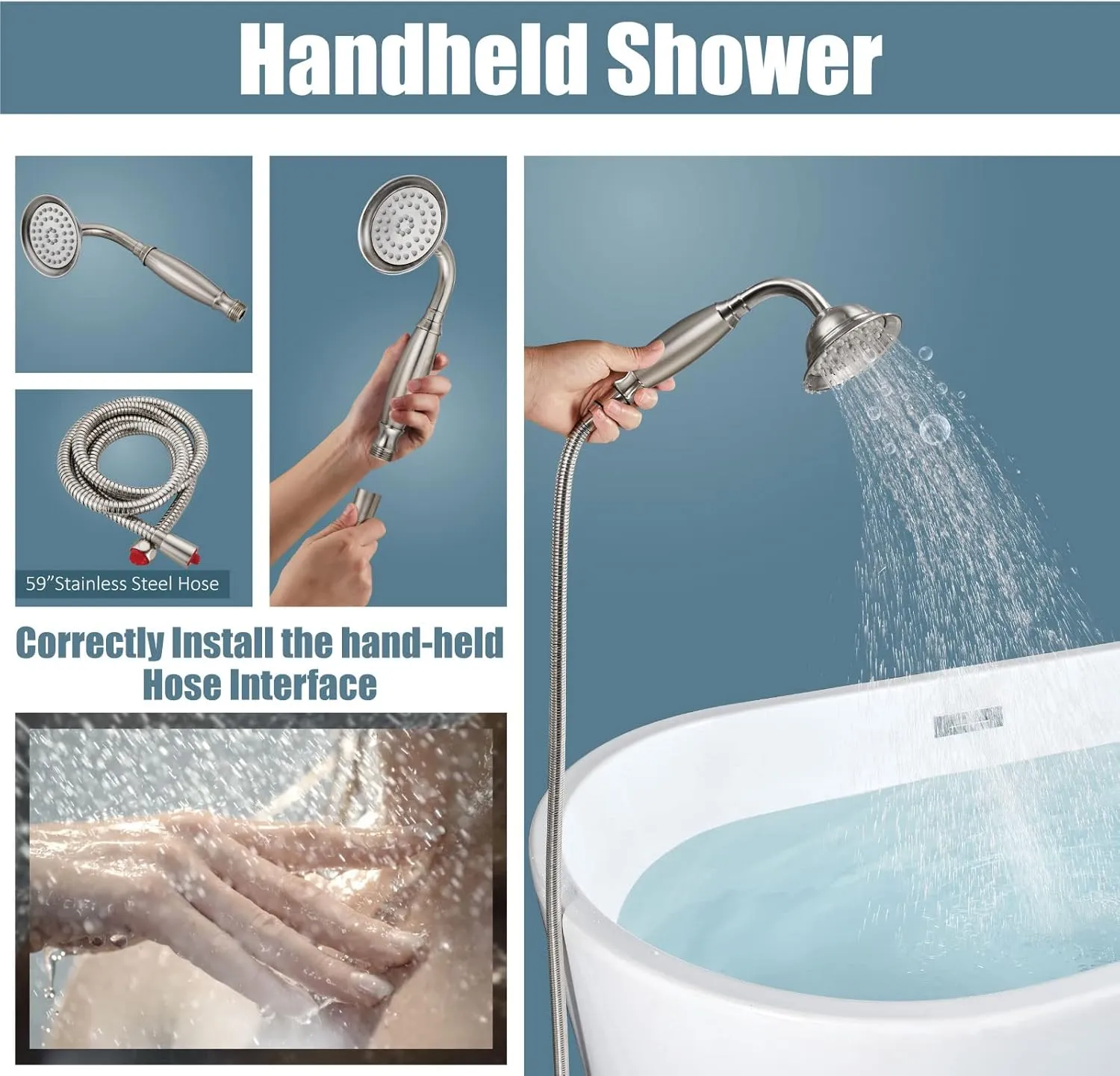 Aolemi Floor Mount Bathtub Faucet Freestanding Tub Filler Standing High Flow Shower Faucets with Vintage Handheld Brushed Nickel