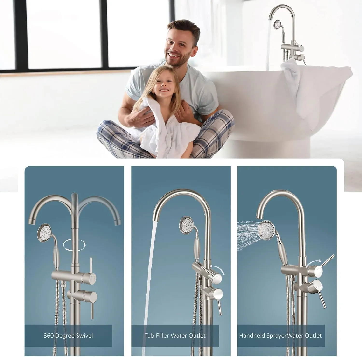 Aolemi Floor Mount Bathtub Faucet Freestanding Tub Filler Standing High Flow Shower Faucets with Vintage Handheld Brushed Nickel