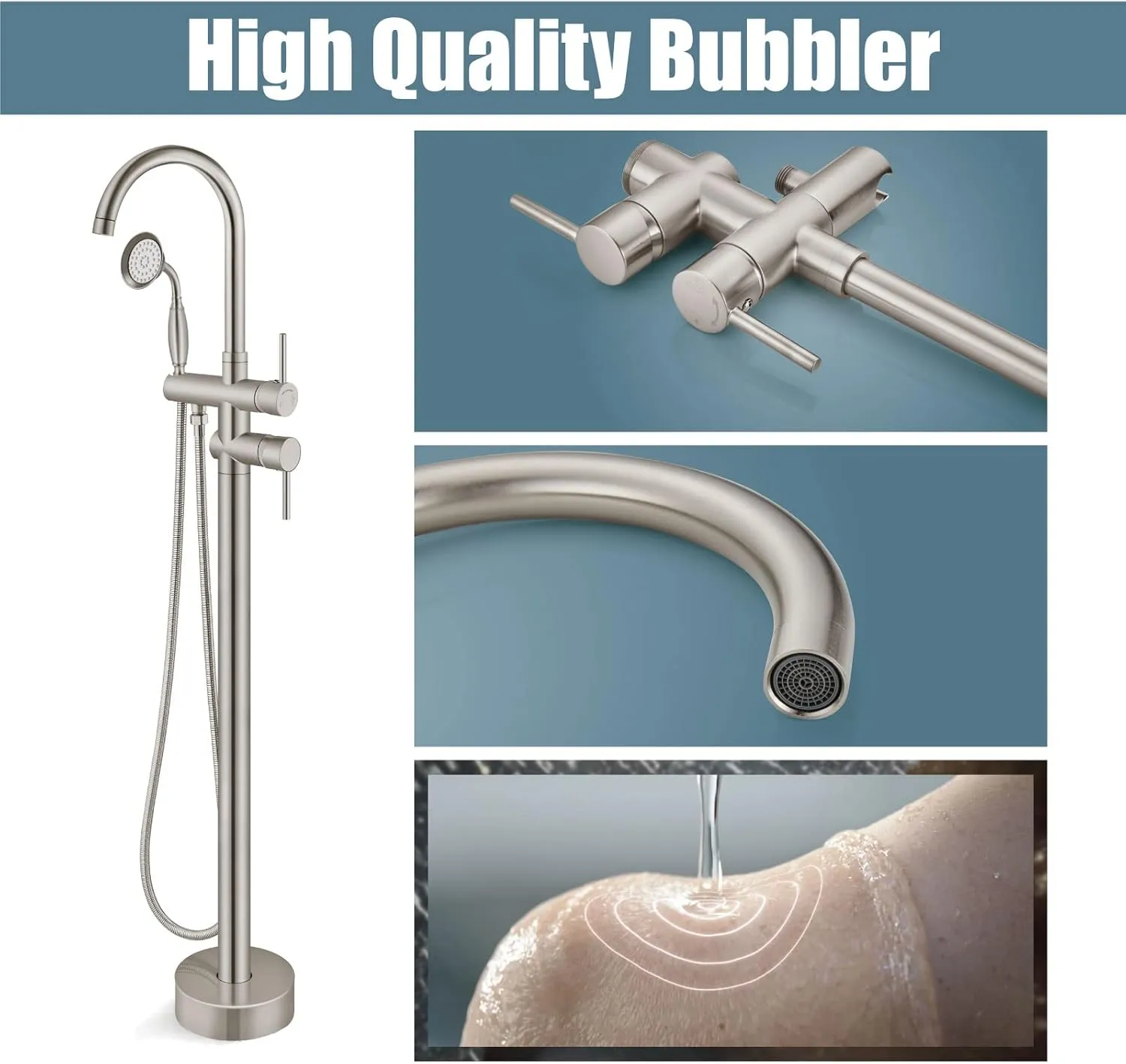 Aolemi Floor Mount Bathtub Faucet Freestanding Tub Filler Standing High Flow Shower Faucets with Vintage Handheld Brushed Nickel