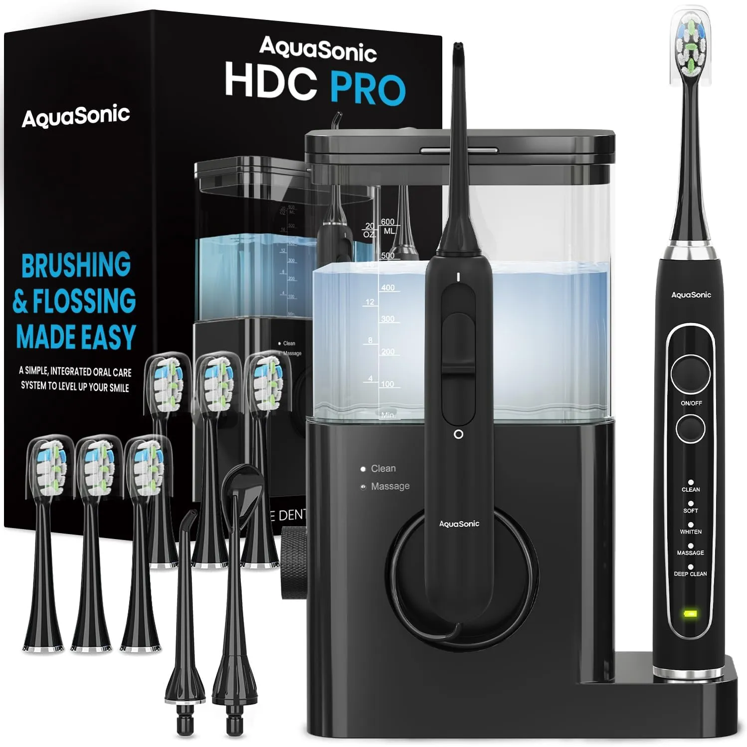 AquaSonic Home Dental Center PRO – Brushing & Flossing Made Easy – Brush & Floss – Power Toothbrush & Water Flosser – Whiter Teeth & Healthier Gums – Black Series Pro Oral Irrigator