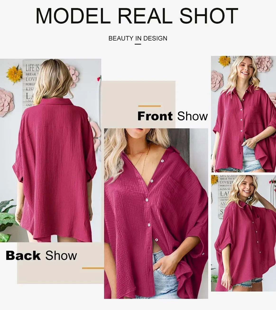 Astylish Women Oversized Button Down Shirts 3/4 Sleeve Blouse V-Neck Textured Shirts