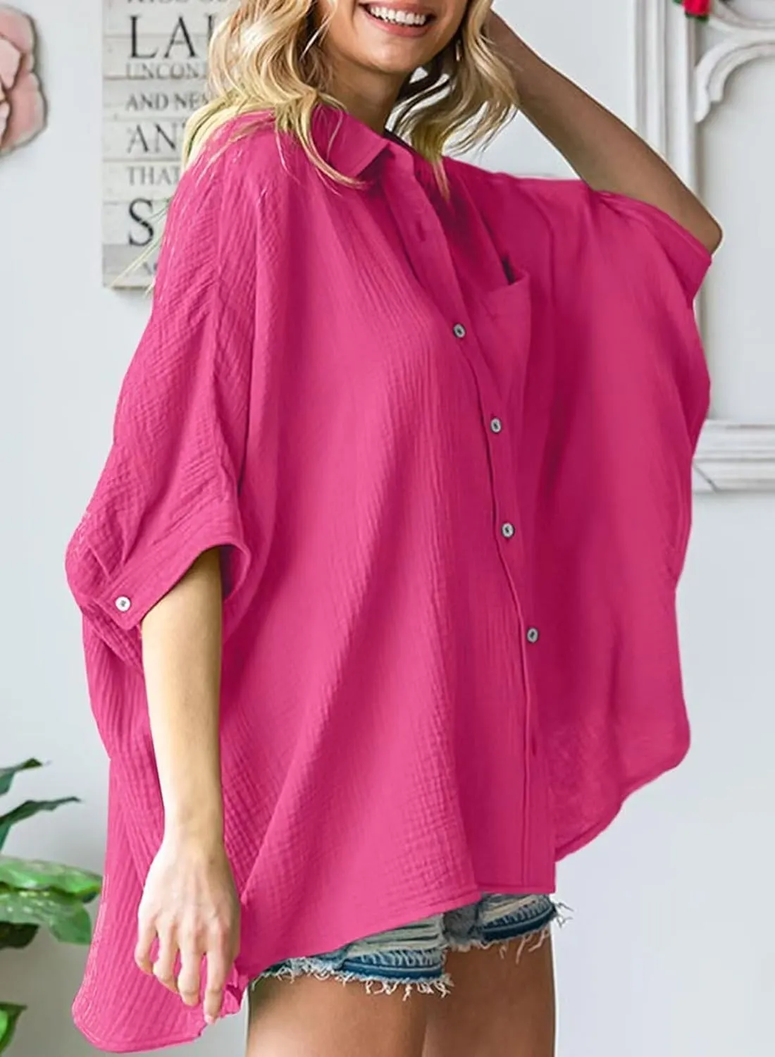 Astylish Women Oversized Button Down Shirts 3/4 Sleeve Blouse V-Neck Textured Shirts