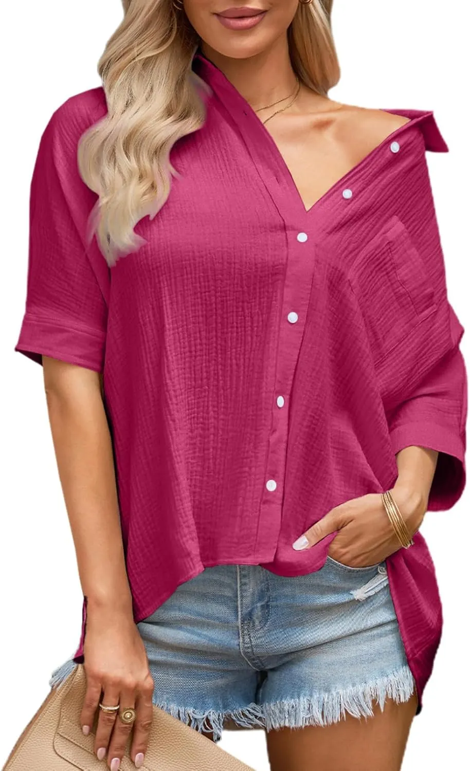 Astylish Women Oversized Button Down Shirts 3/4 Sleeve Blouse V-Neck Textured Shirts