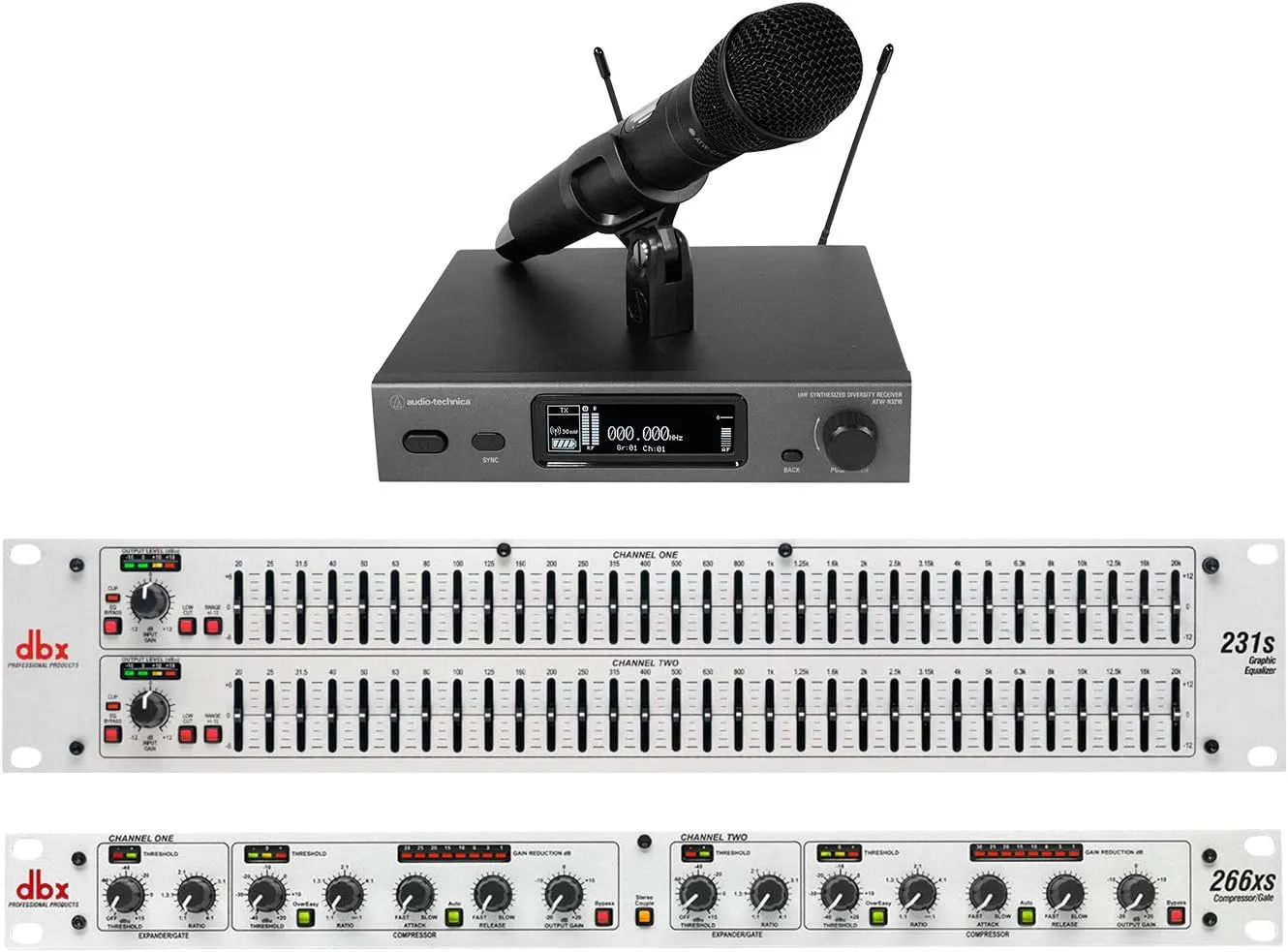 Audiosavings Bundle (1) Audio Technica ATW-3212/C710EE1 Microphone Mic Receiver Bundle with (1) DBX 231S Dual 31 Pro Audio Rack Mount EQ & (1) DBX 266XS 2-Channel Compressor (Items 3)