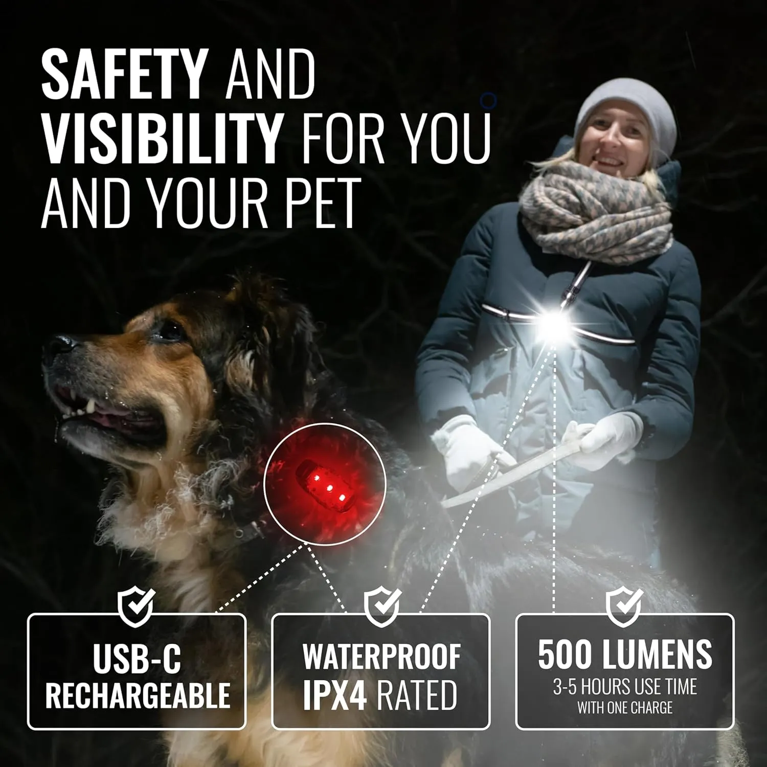 AVANTO Chest Light and LED Dog Walking Set - Night Safety for Dogs, Bikes, Strollers, Running - Reflective Gear, Clip-on Light & Bicycle Safety