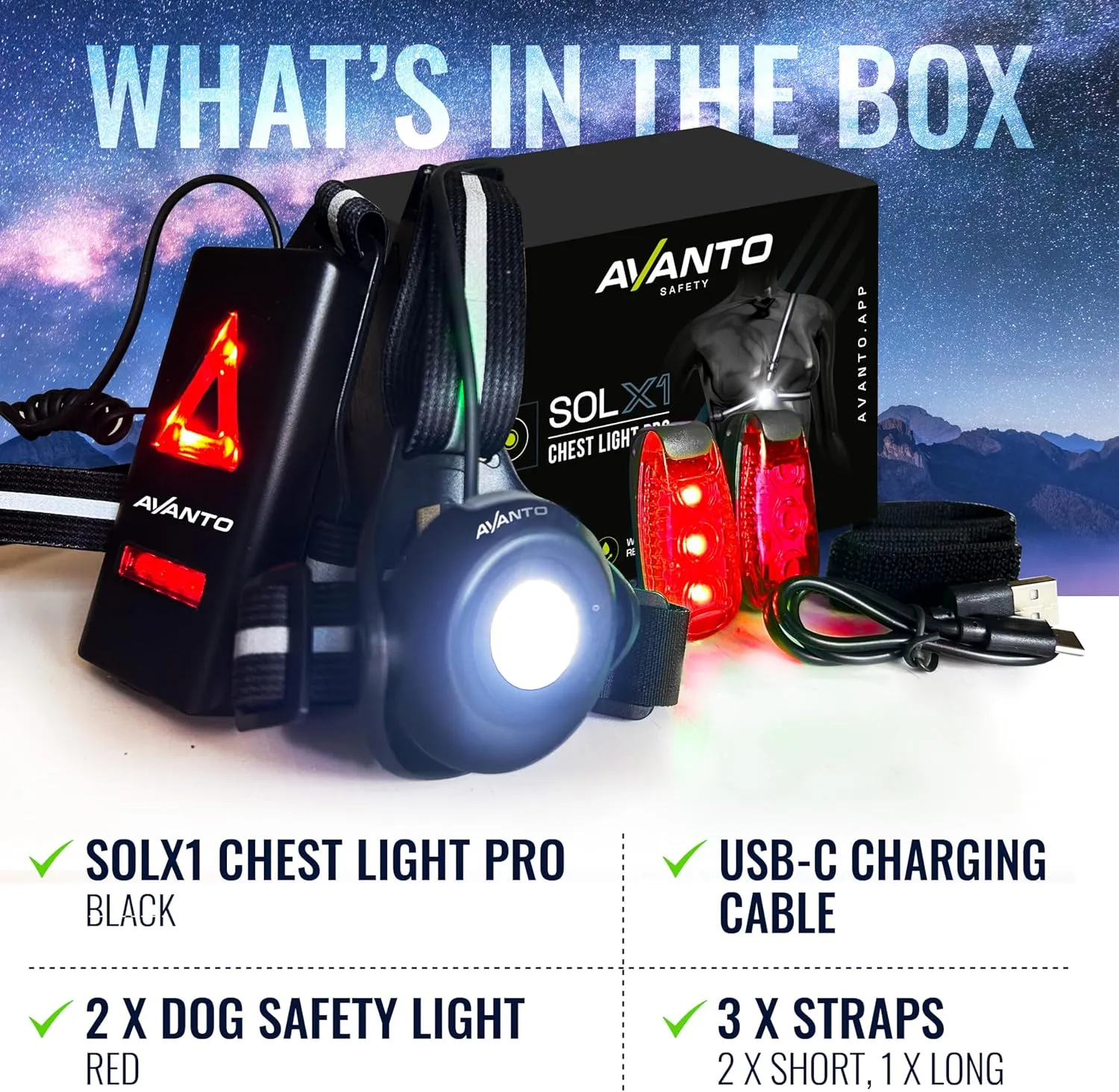 AVANTO Chest Light and LED Dog Walking Set - Night Safety for Dogs, Bikes, Strollers, Running - Reflective Gear, Clip-on Light & Bicycle Safety