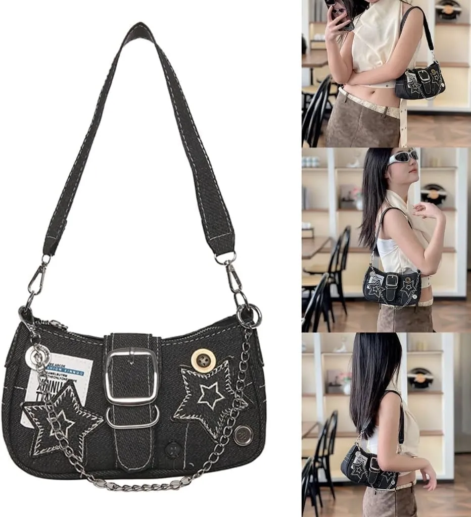 Bags for Women, Women Chain Handbag Denims Shoulder Bag Girls Hobo Bag Button Star Armpit Bag Underarm Bag, One Color, One Size