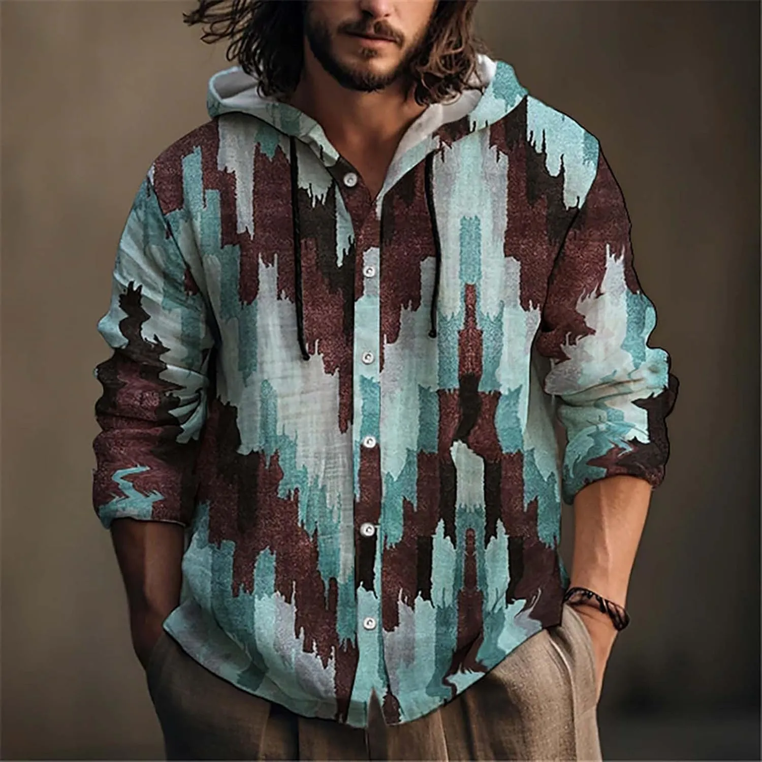 Beach Vacation Fall Tops Men's Button Up Long Sleeved Solid Cotton and Linen Hooded Shirt Linen Shirts for Men