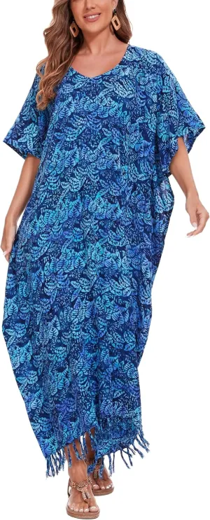 Beautybatik Moss Green Women Hand Blocked Batik Rayon Caftan Kaftan Loungewear Maxi Plus Size Long Dress XL to 4X