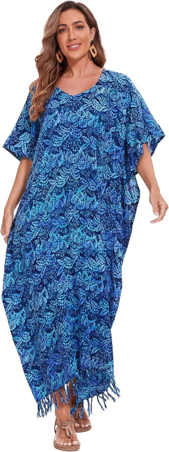 Beautybatik Moss Green Women Hand Blocked Batik Rayon Caftan Kaftan Loungewear Maxi Plus Size Long Dress XL to 4X
