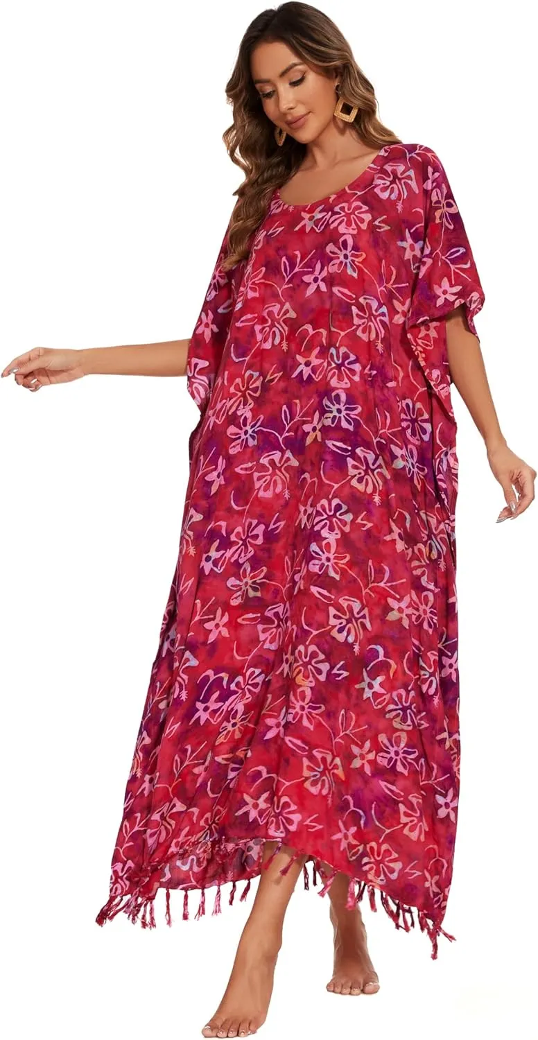 Beautybatik Moss Green Women Hand Blocked Batik Rayon Caftan Kaftan Loungewear Maxi Plus Size Long Dress XL to 4X