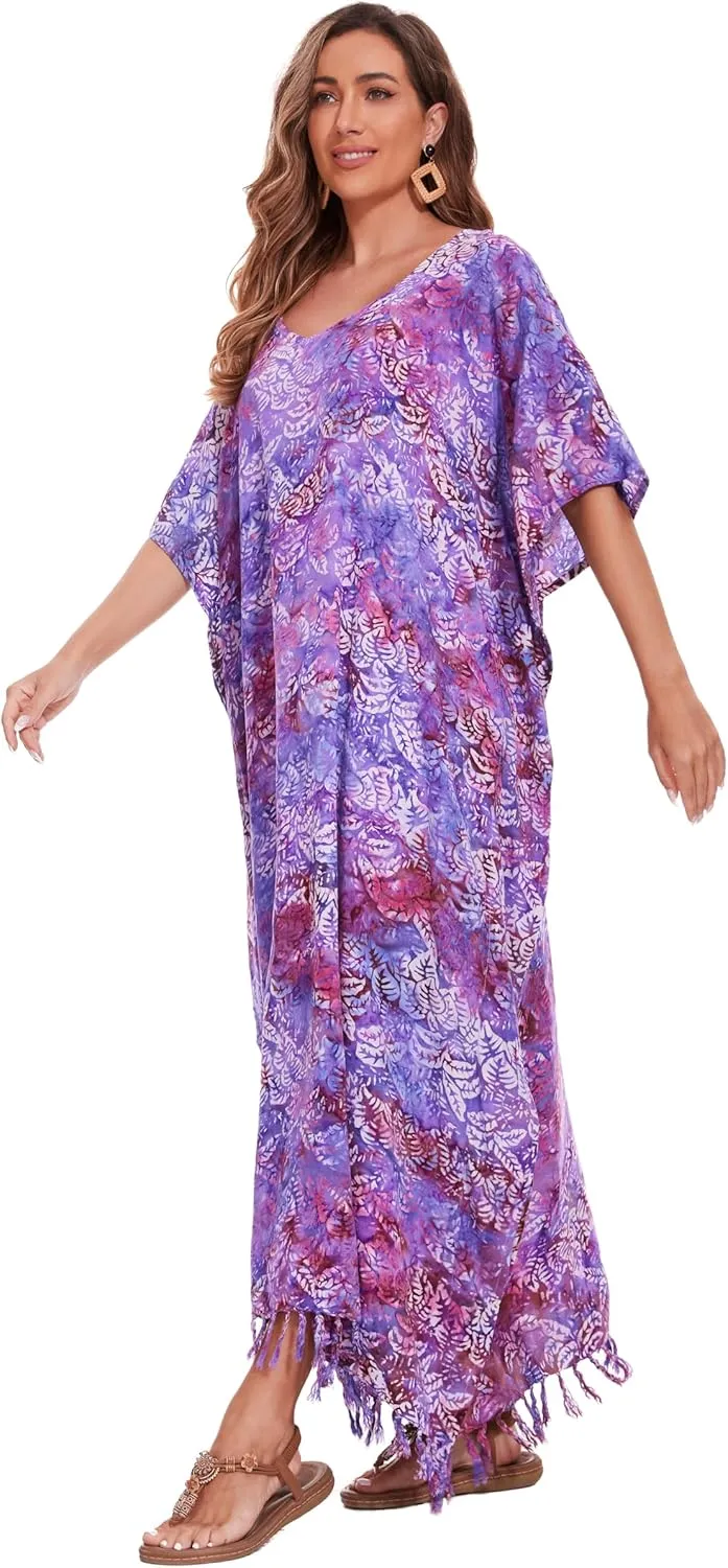 Beautybatik Moss Green Women Hand Blocked Batik Rayon Caftan Kaftan Loungewear Maxi Plus Size Long Dress XL to 4X