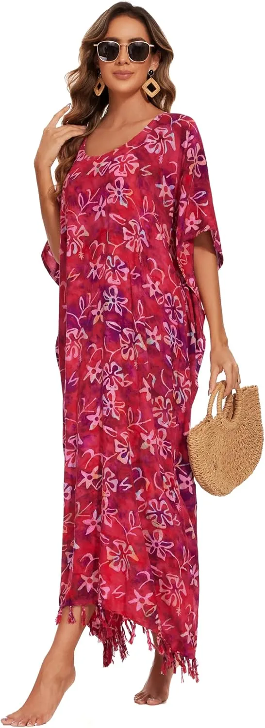 Beautybatik Moss Green Women Hand Blocked Batik Rayon Caftan Kaftan Loungewear Maxi Plus Size Long Dress XL to 4X