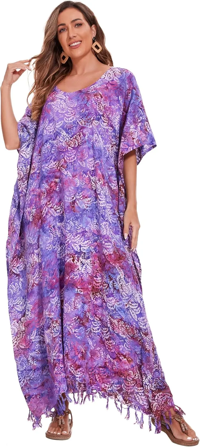 Beautybatik Moss Green Women Hand Blocked Batik Rayon Caftan Kaftan Loungewear Maxi Plus Size Long Dress XL to 4X