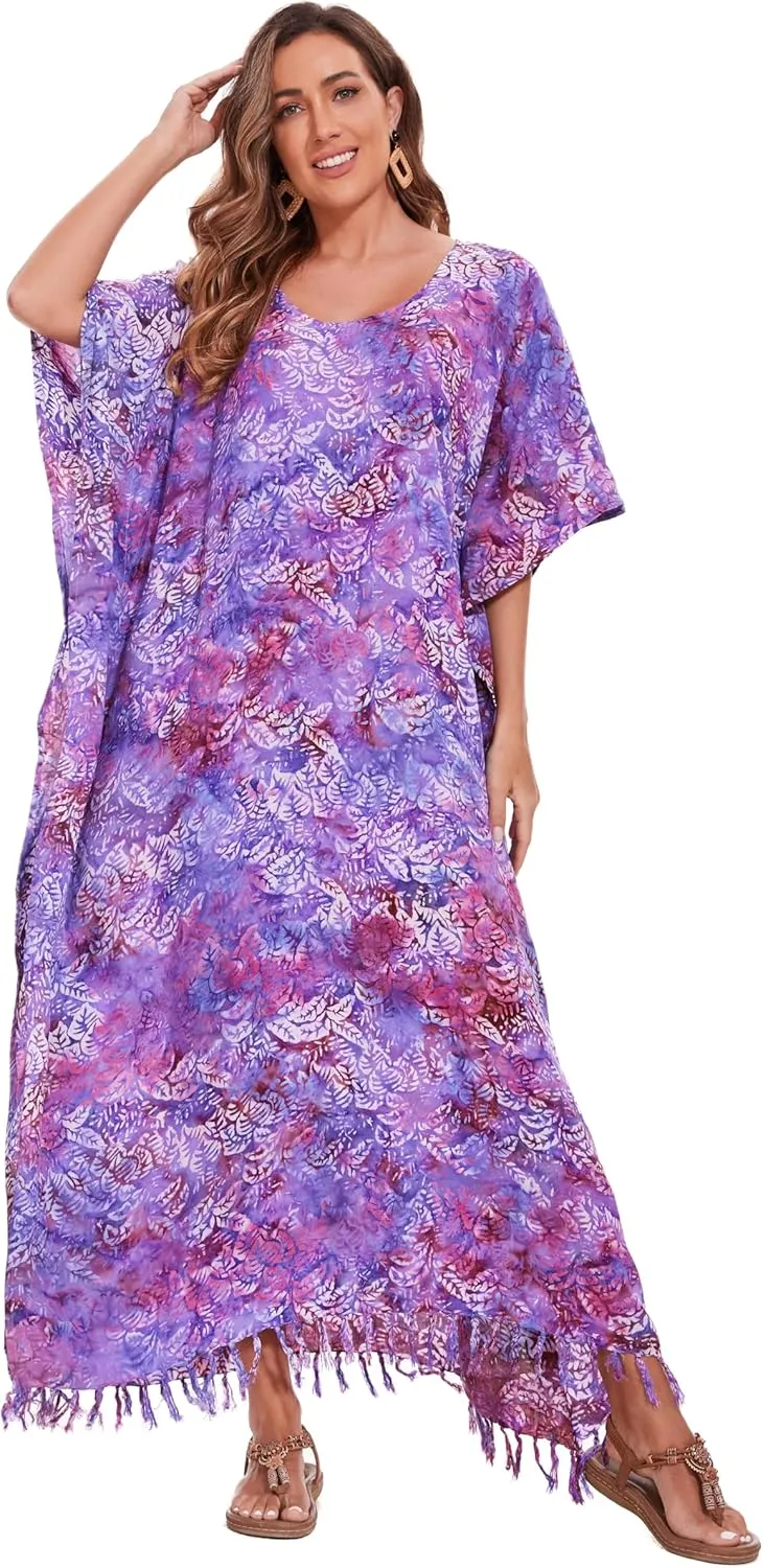 Beautybatik Moss Green Women Hand Blocked Batik Rayon Caftan Kaftan Loungewear Maxi Plus Size Long Dress XL to 4X