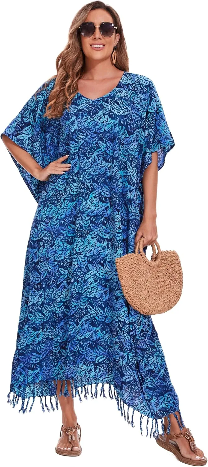 Beautybatik Moss Green Women Hand Blocked Batik Rayon Caftan Kaftan Loungewear Maxi Plus Size Long Dress XL to 4X