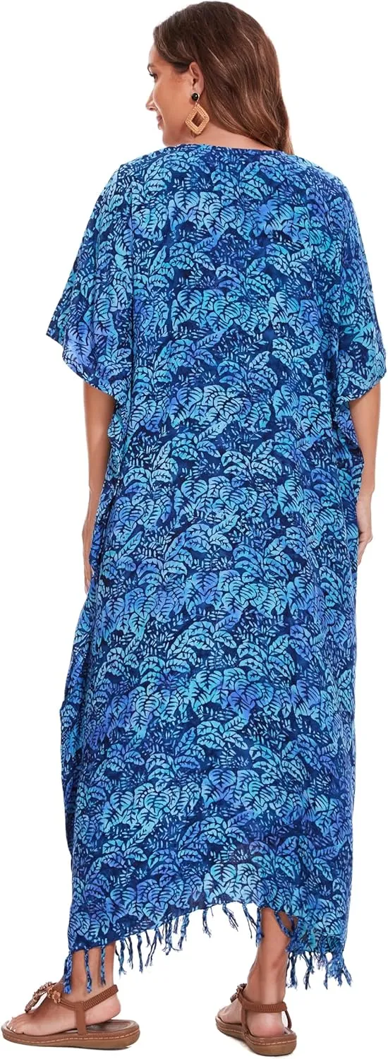 Beautybatik Moss Green Women Hand Blocked Batik Rayon Caftan Kaftan Loungewear Maxi Plus Size Long Dress XL to 4X