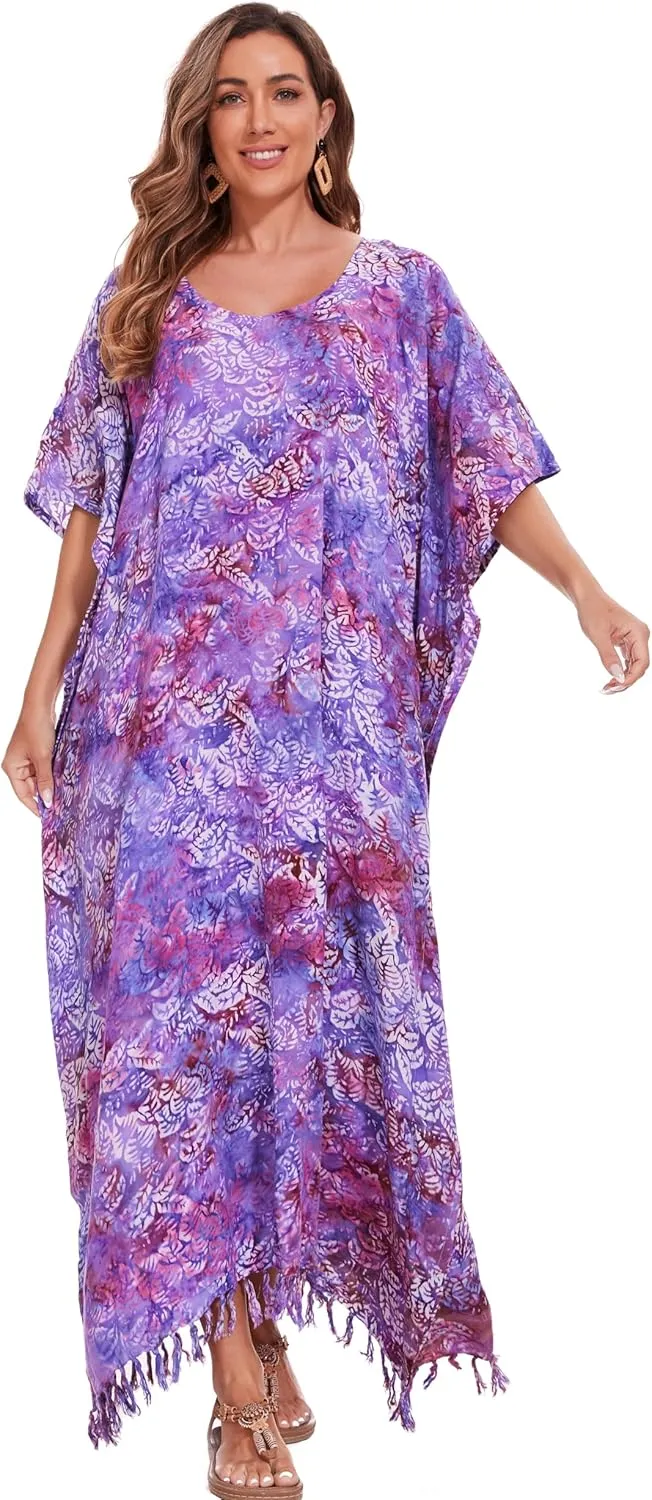 Beautybatik Moss Green Women Hand Blocked Batik Rayon Caftan Kaftan Loungewear Maxi Plus Size Long Dress XL to 4X