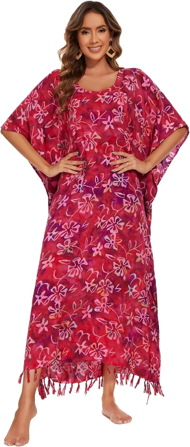 Beautybatik Moss Green Women Hand Blocked Batik Rayon Caftan Kaftan Loungewear Maxi Plus Size Long Dress XL to 4X