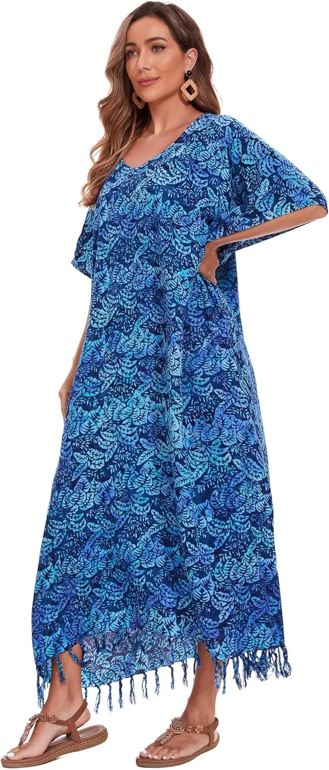 Beautybatik Moss Green Women Hand Blocked Batik Rayon Caftan Kaftan Loungewear Maxi Plus Size Long Dress XL to 4X