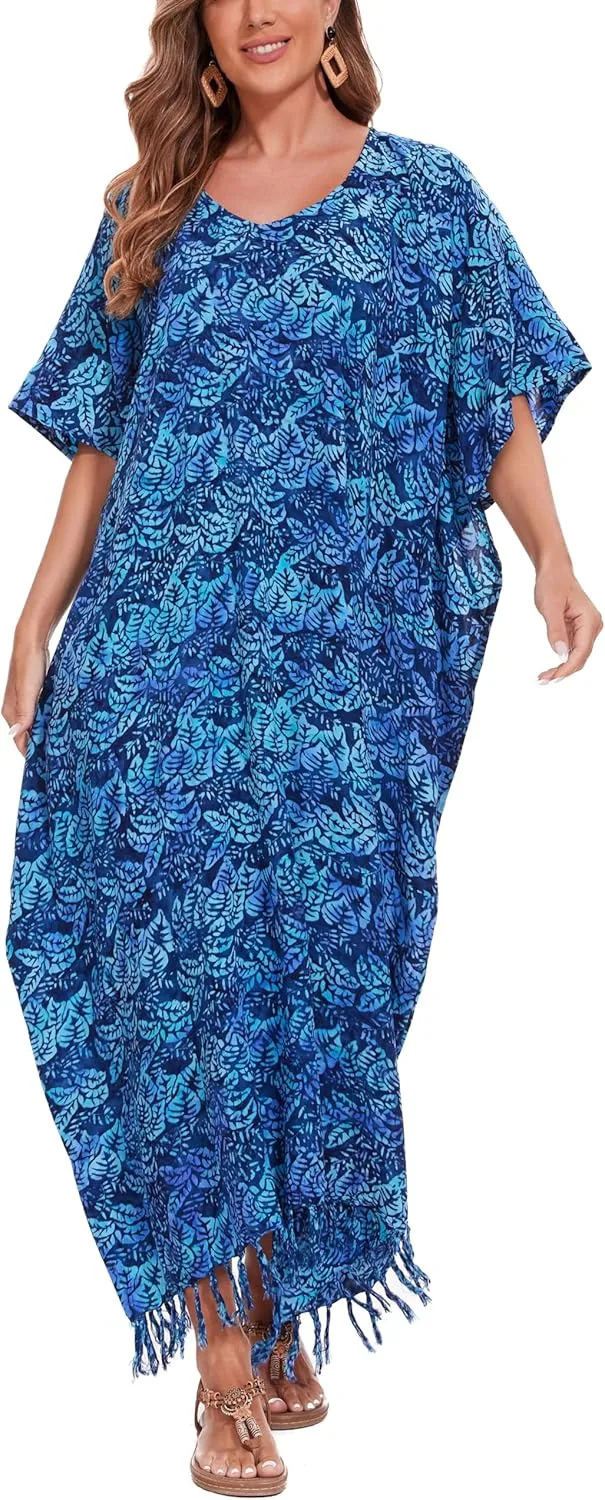 Beautybatik Moss Green Women Hand Blocked Batik Rayon Caftan Kaftan Loungewear Maxi Plus Size Long Dress XL to 4X