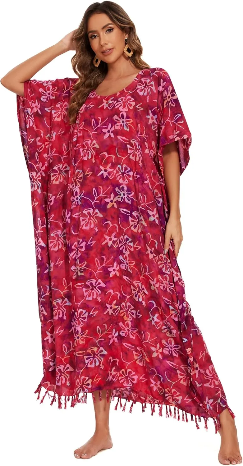 Beautybatik Moss Green Women Hand Blocked Batik Rayon Caftan Kaftan Loungewear Maxi Plus Size Long Dress XL to 4X