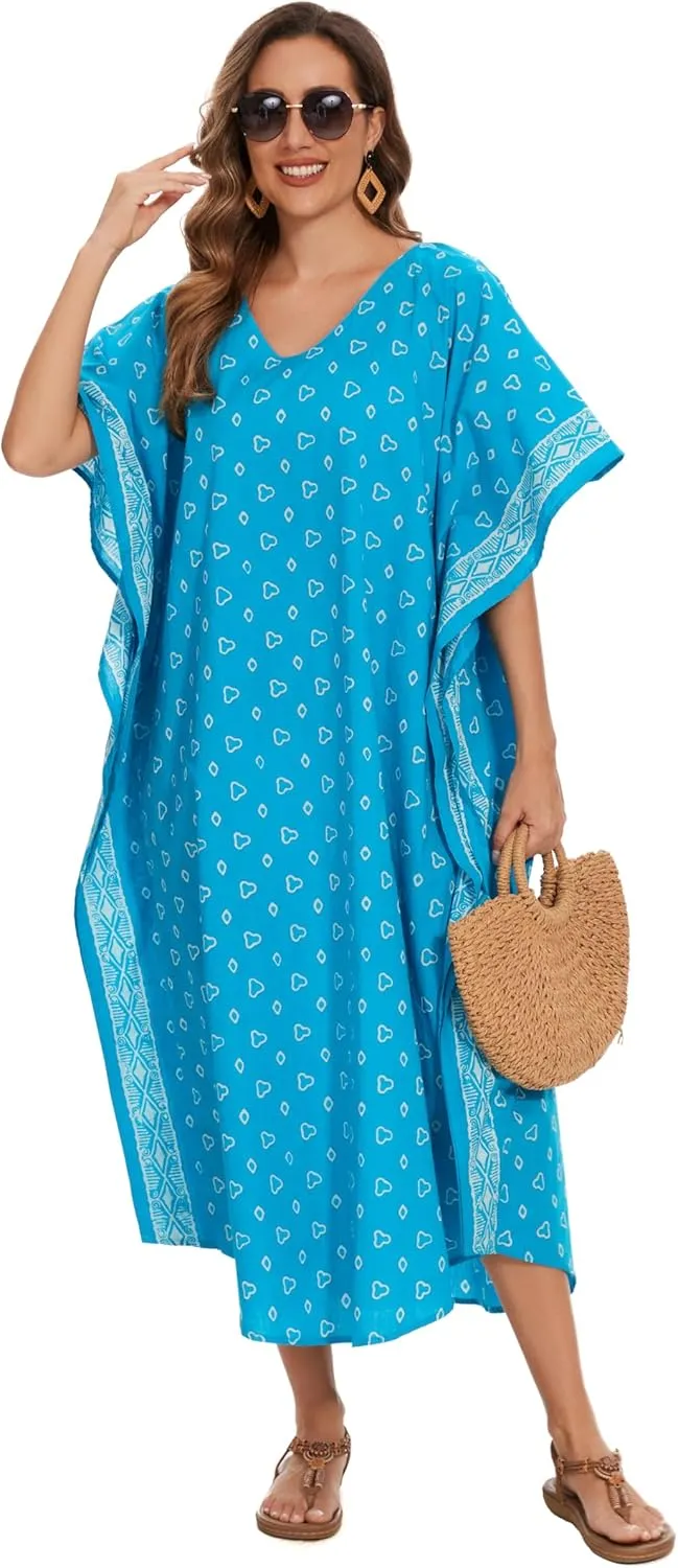 Beautybatik Women Hand Blocked Batik Cotton Caftan Kaftan Loungewear Maxi Plus Size Long Dress XL to 4X