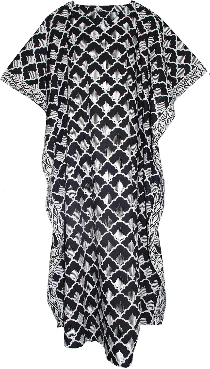 Beautybatik Women Hand Blocked Batik Cotton Caftan Kaftan Loungewear Maxi Plus Size Long Dress XL to 4X