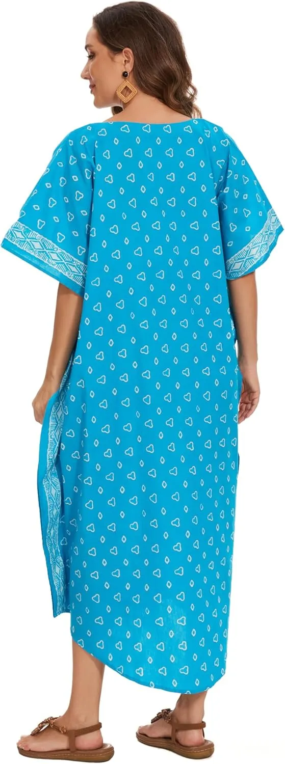 Beautybatik Women Hand Blocked Batik Cotton Caftan Kaftan Loungewear Maxi Plus Size Long Dress XL to 4X