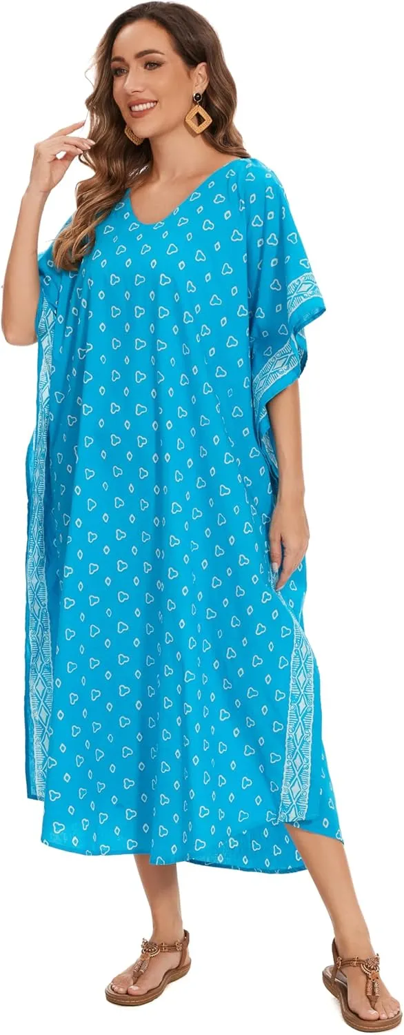 Beautybatik Women Hand Blocked Batik Cotton Caftan Kaftan Loungewear Maxi Plus Size Long Dress XL to 4X