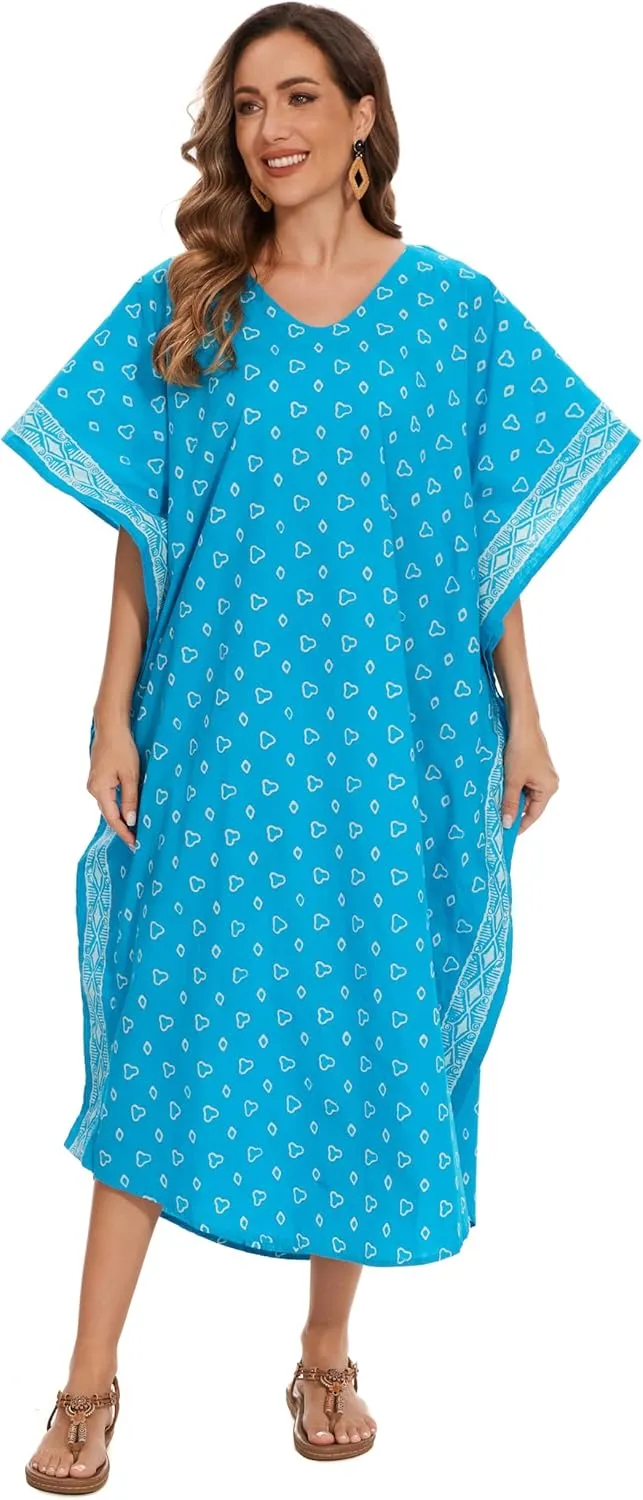 Beautybatik Women Hand Blocked Batik Cotton Caftan Kaftan Loungewear Maxi Plus Size Long Dress XL to 4X