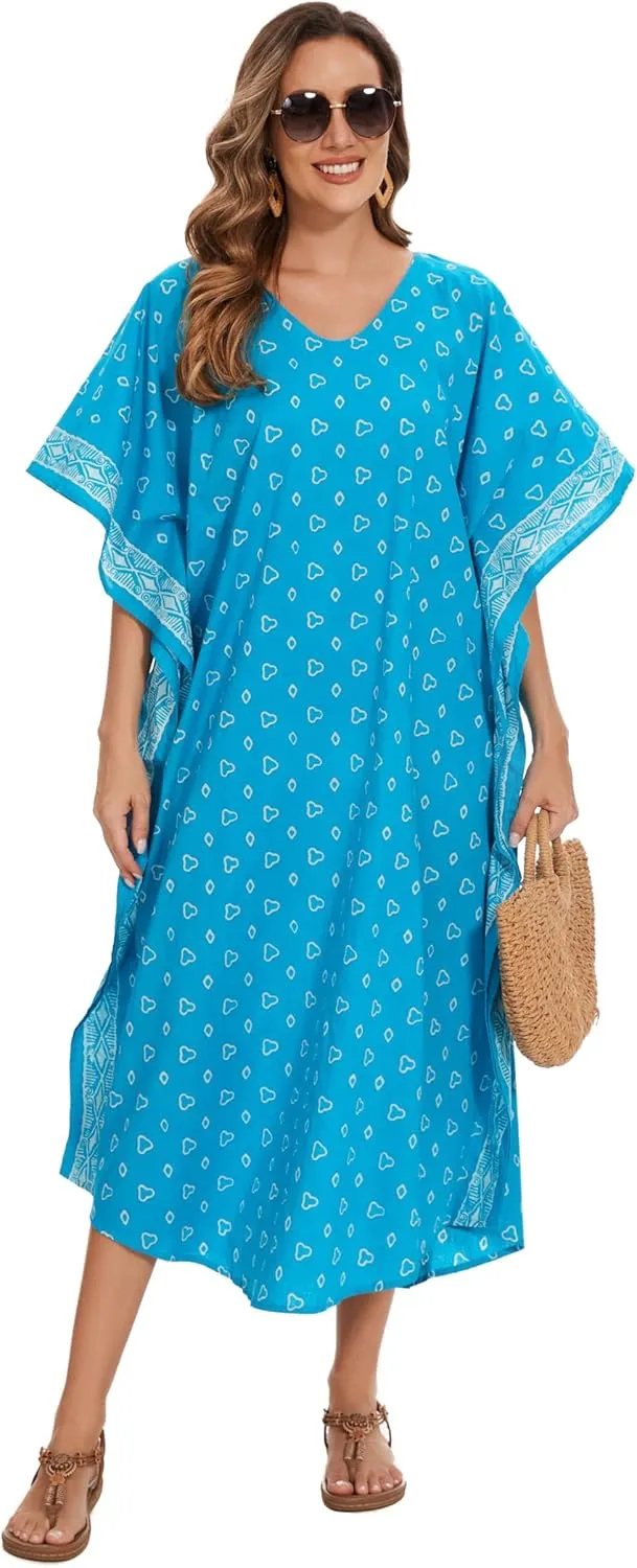 Beautybatik Women Hand Blocked Batik Cotton Caftan Kaftan Loungewear Maxi Plus Size Long Dress XL to 4X