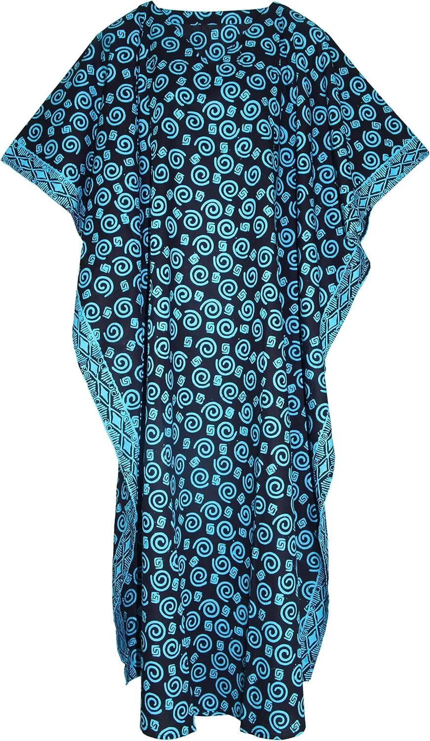Beautybatik Women Hand Blocked Batik Cotton Caftan Kaftan Loungewear Maxi Plus Size Long Dress XL to 4X