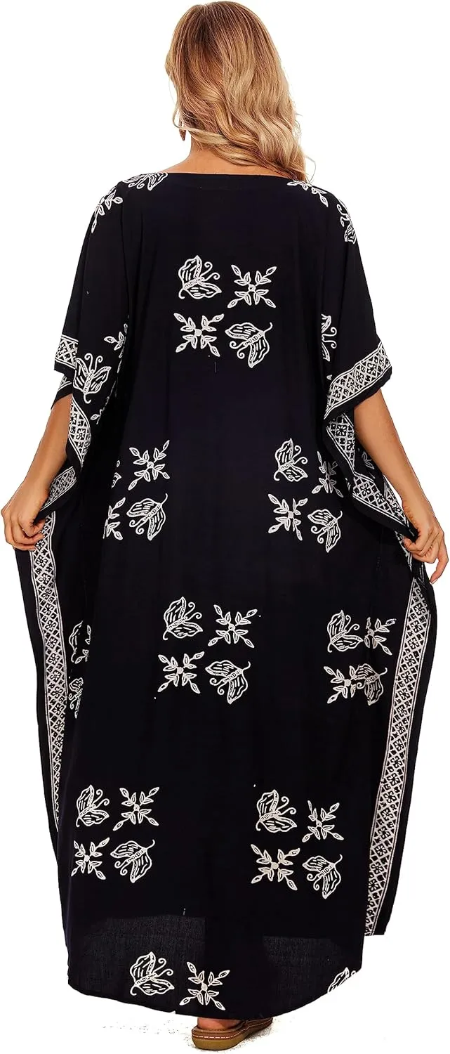 Beautybatik Women Hand Blocked Batik Rayon Caftan Kaftan Loungewear Maxi Plus Size Long Dress XL to 4X
